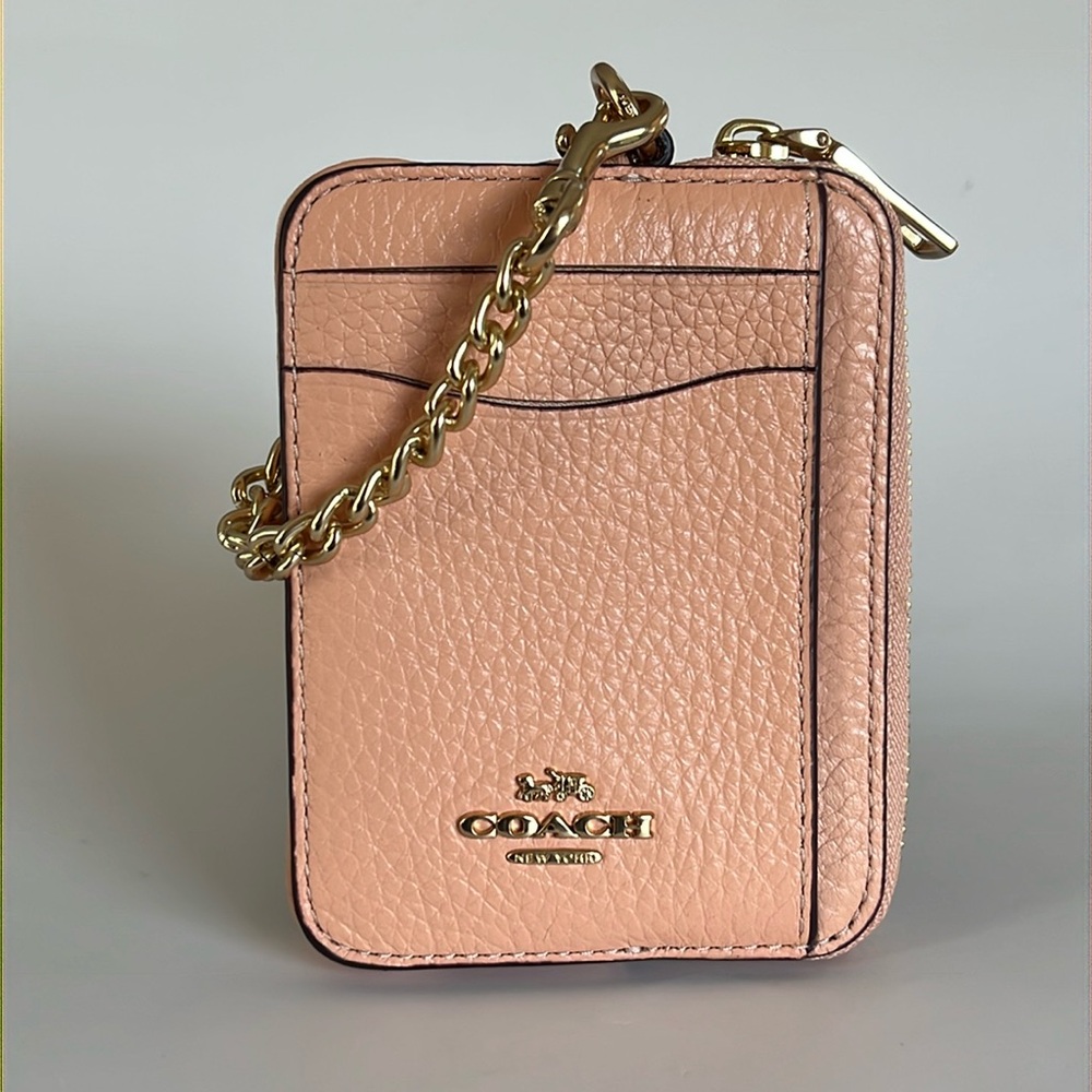 Coach Peach-Pink Pebbled Leather Card Case with Gold Chain